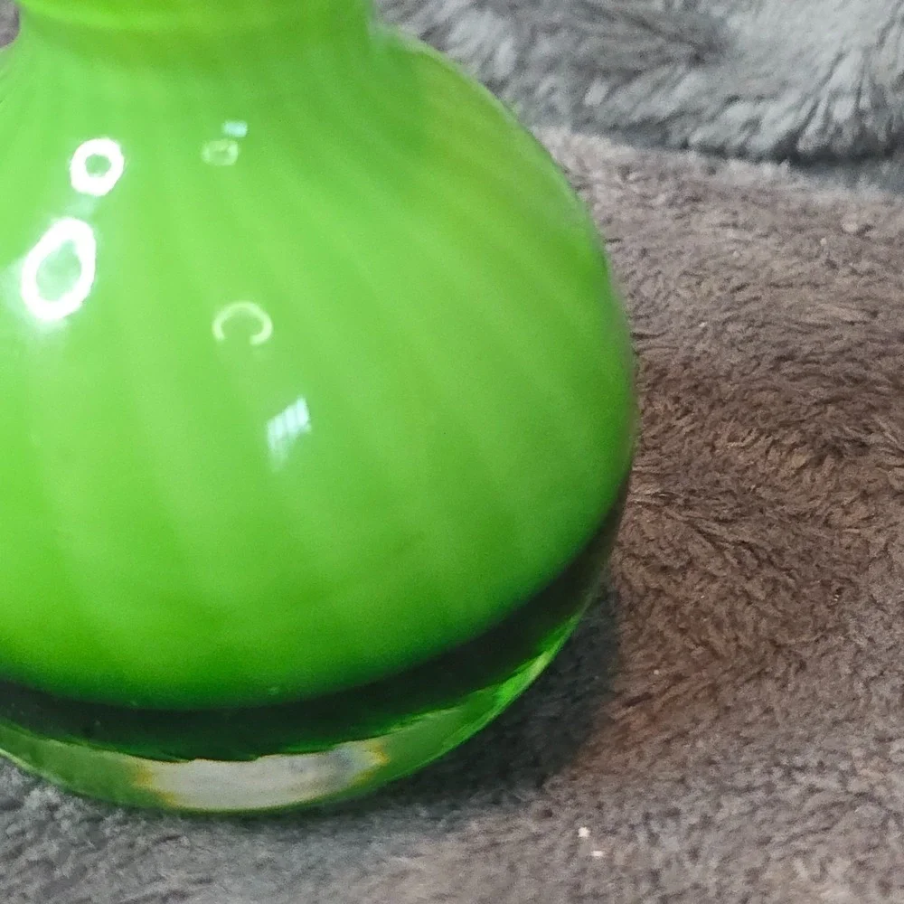 Vintage Green Cased Glass Bud Vase Swirl Stripe Satin Bulbous Base Empoli Style